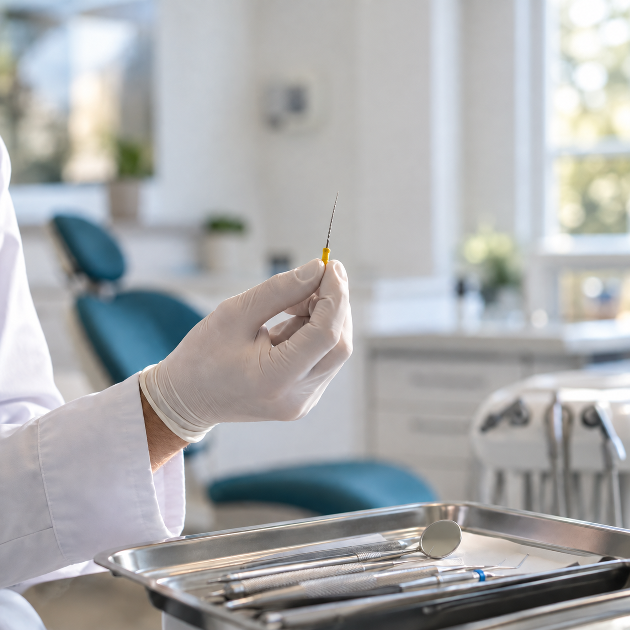 Immagine illustrativa di una mano guantata con lima endodontica e vassoio di strumenti