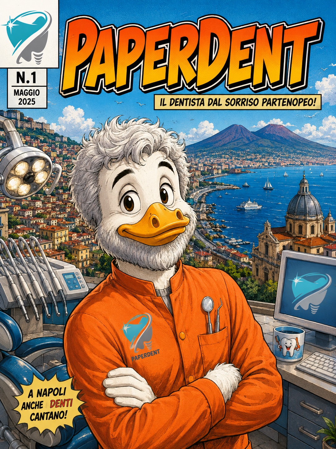 Copertina illustrata di PaperDent con Napoli e il Vesuvio sullo sfondo